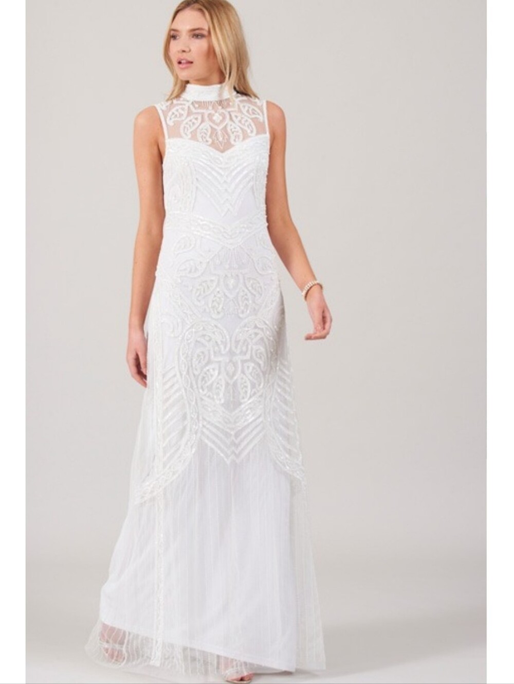 Frock and Frill elegant ivory wedding dress with intricate beaded lace overlay